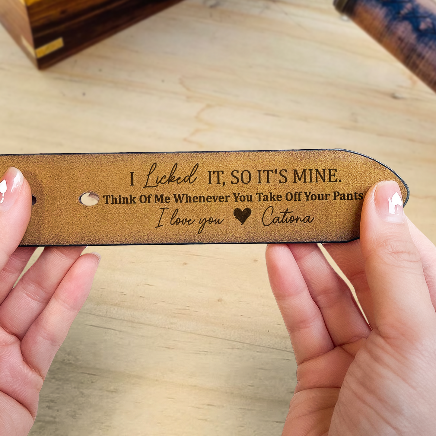Father's Day Gifts, I Licked It, So It's Mine - Personalized Engraved Leather Belt - Gift For Husband