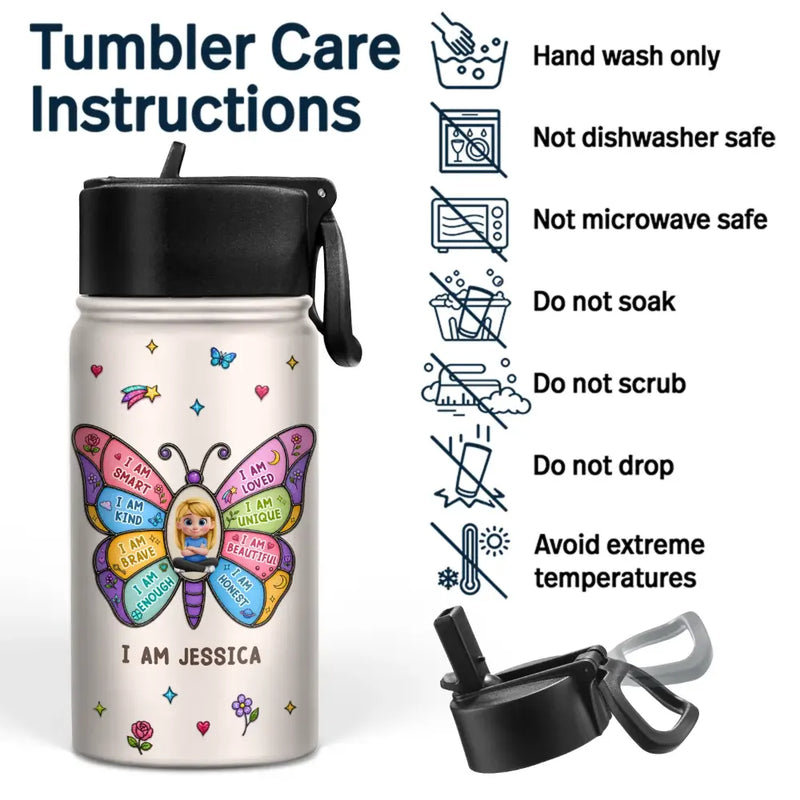 I Am Smart Kind Brave Butterfly - Personalized Kids Water Bottle