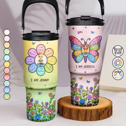 I Am Smart Kind Brave Butterfly Flower Rainbow - Personalized 30oz Tumbler With Handle