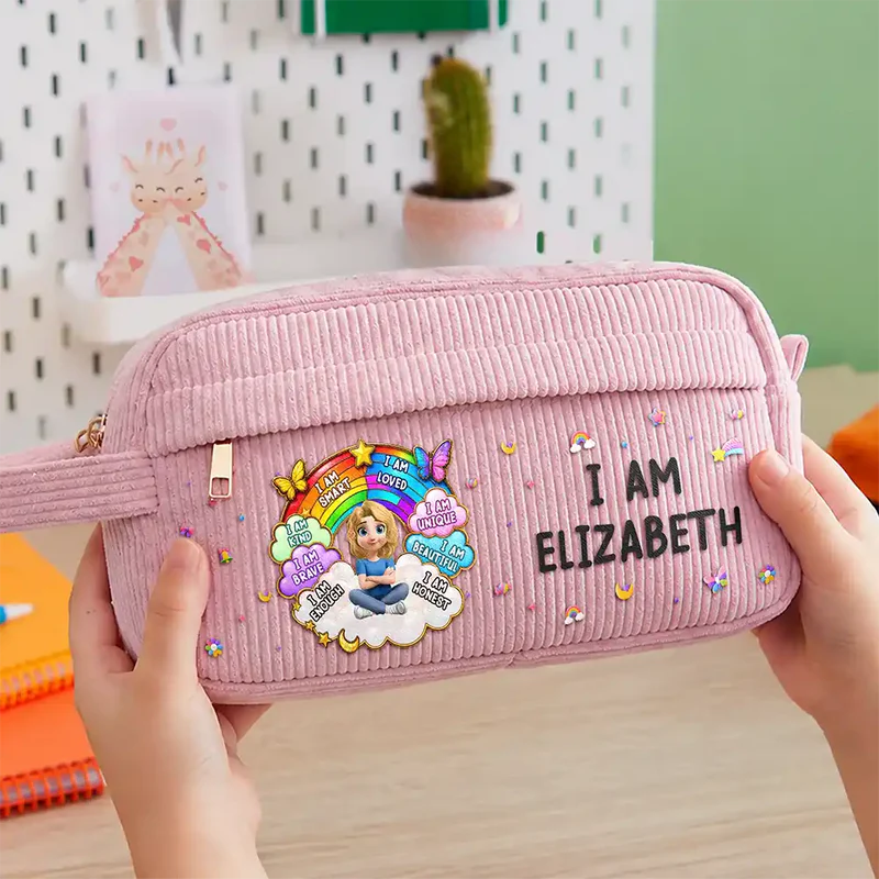 I Am Smart Kind Brave Butterfly Flower Rainbow - Personalized Corduroy Pencil Case