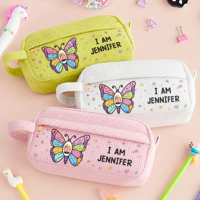 I Am Smart Kind Brave Butterfly Flower Rainbow - Personalized Corduroy Pencil Case