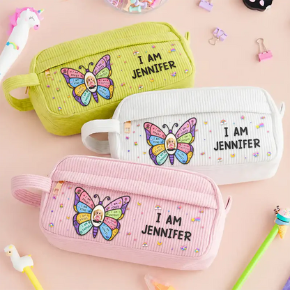 I Am Smart Kind Brave Butterfly Flower Rainbow - Personalized Corduroy Pencil Case