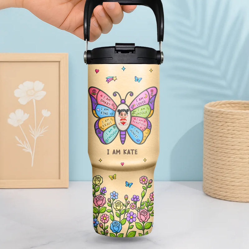 I Am Smart Kind Brave Butterfly Flower Rainbow - Personalized 30oz Tumbler With Handle