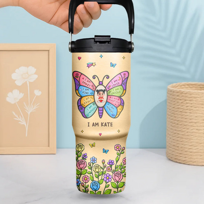 I Am Smart Kind Brave Butterfly Flower Rainbow - Personalized 30oz Tumbler With Handle