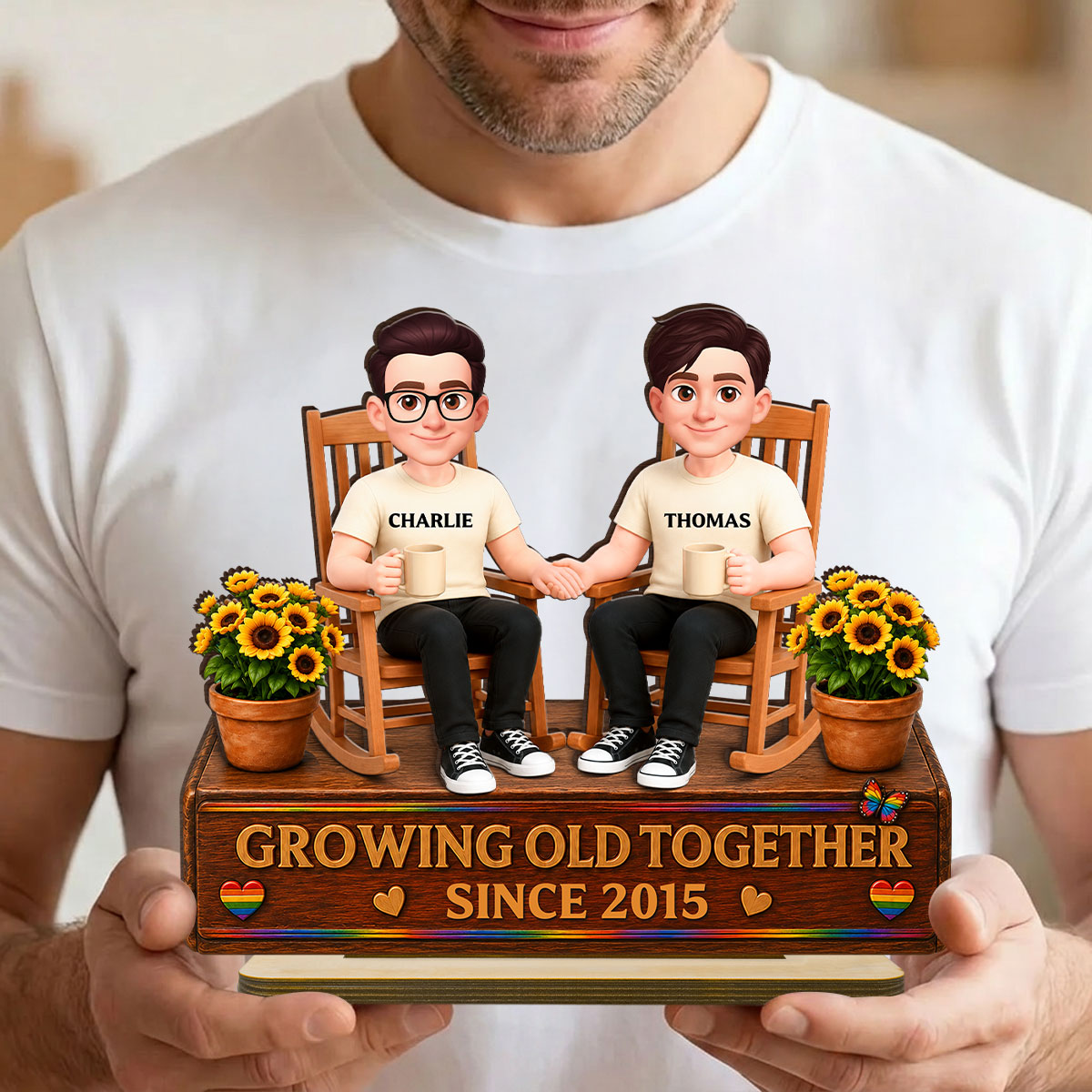 LGBT+ Couple Sitting On Garden - Personalized Wooden Plaque - Gift For Couple, Happy Pride Month