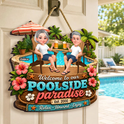Summer Vibe Welcome To Our Poolside Paradise - Personalized Wood Sign - Gift For Couple, Summer Outdoor Porch, Patio, Bar Decoration