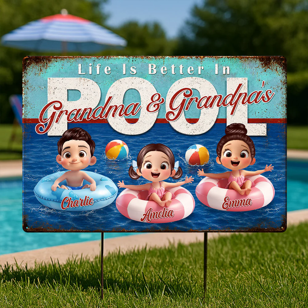 Life is Better in Grandma Grandpa's Pool - Personalized Metal Sign - Summer Decor Gift for Grandma, Grandparents