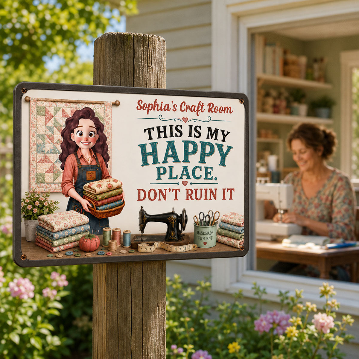 This Is My Happy Place Don't Ruin It Sewing Girl - Personalized Wooden Sign - Craft Room Decor