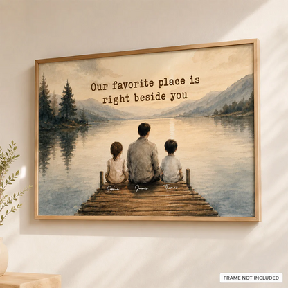 Peaceful Lakeside Dad And Kids Watercolor Style - Personalized Poster