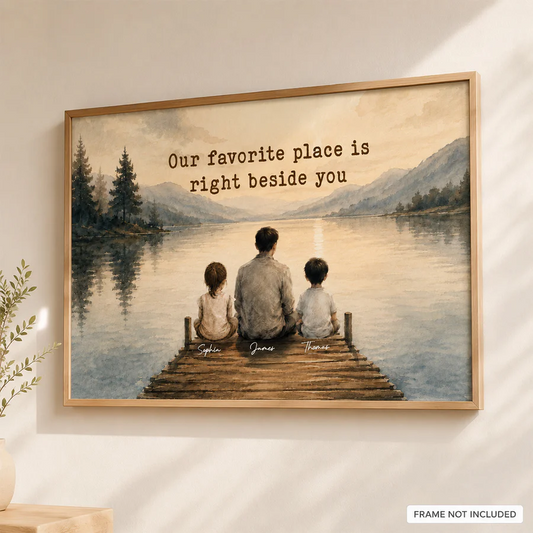 Peaceful Lakeside Dad And Kids Watercolor Style - Personalized Poster