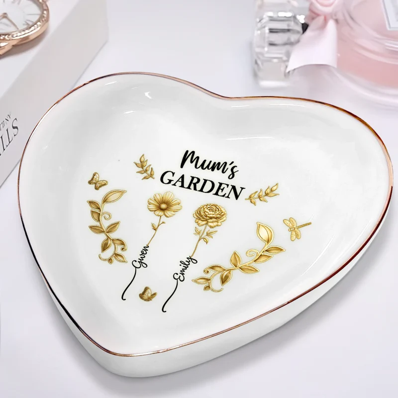 3D Metal Effect Birth Month Flowers Grandmas Moms Garden - Personalized Heart Ring Dish