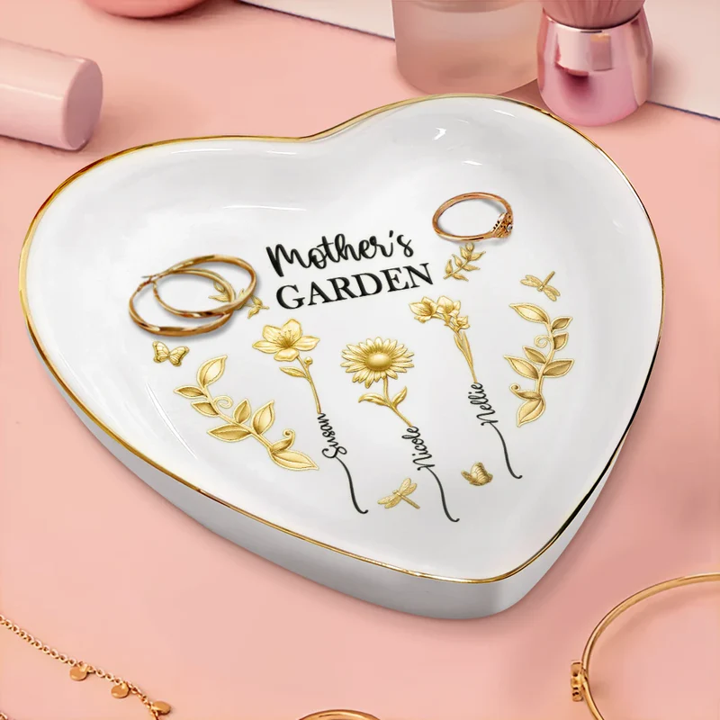 3D Metal Effect Birth Month Flowers Grandmas Moms Garden - Personalized Heart Ring Dish