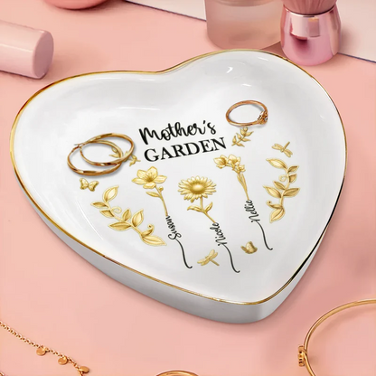 3D Metal Effect Birth Month Flowers Grandmas Moms Garden - Personalized Heart Ring Dish