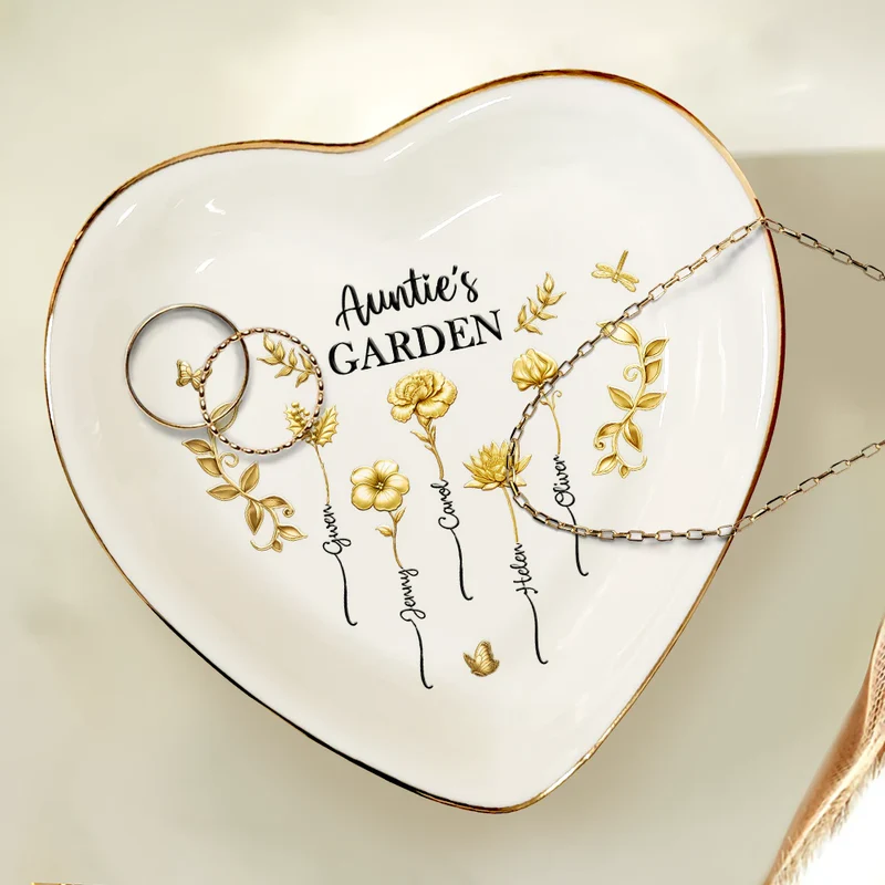 3D Metal Effect Birth Month Flowers Grandmas Moms Garden - Personalized Heart Ring Dish