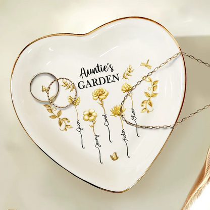 3D Metal Effect Birth Month Flowers Grandmas Moms Garden - Personalized Heart Ring Dish