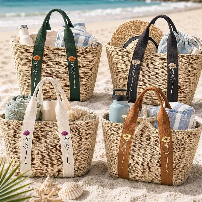 Birth Month Flower With Name - Personalized Straw Beach Bag