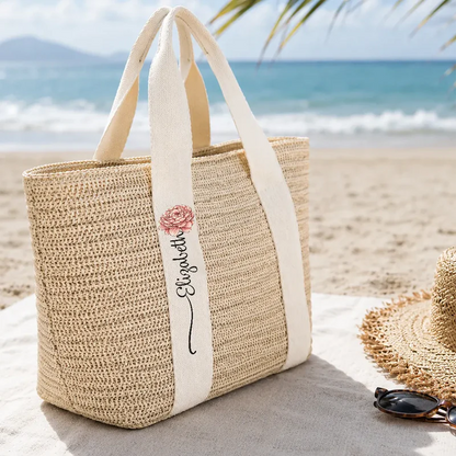 Birth Month Flower With Name - Personalized Straw Beach Bag