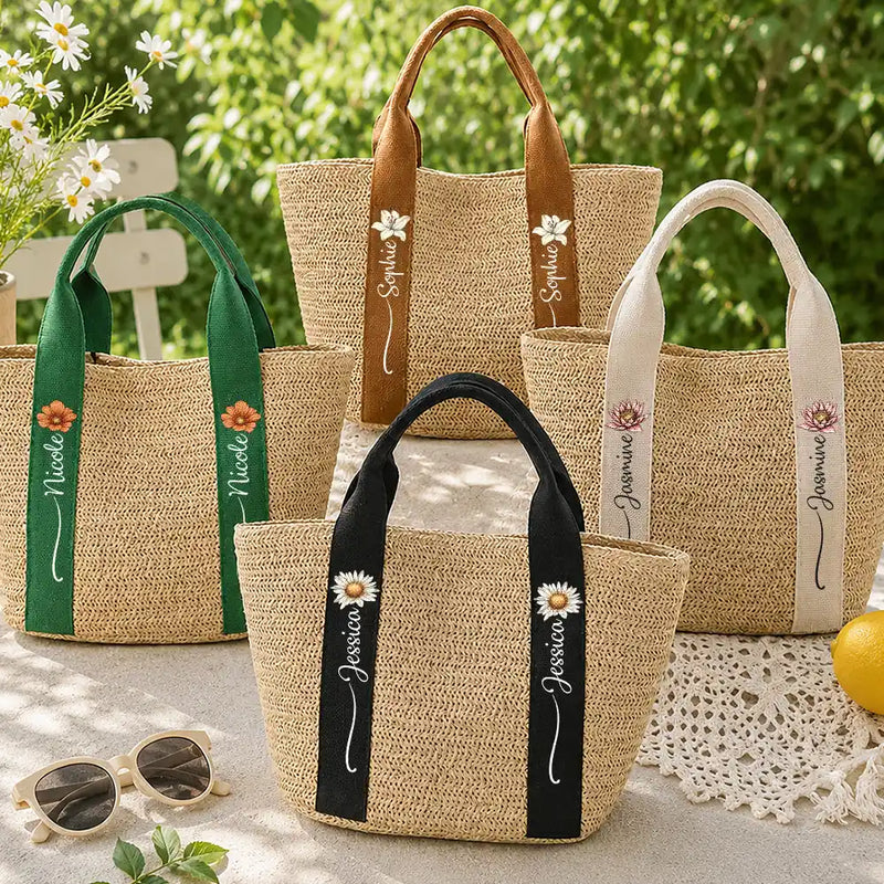 Birth Month Flower With Name - Personalized Straw Beach Bag