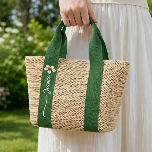 Birth Month Flower With Name - Personalized Straw Beach Bag