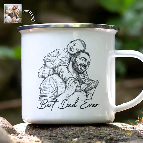Custom Photo Bold Sketch Best Dad Grandpa Ever Family Portrait - Personalized Enamel Mug