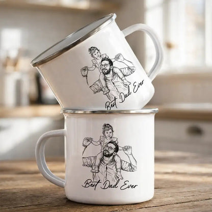 Custom Photo Bold Sketch Best Dad Grandpa Ever Family Portrait - Personalized Enamel Mug
