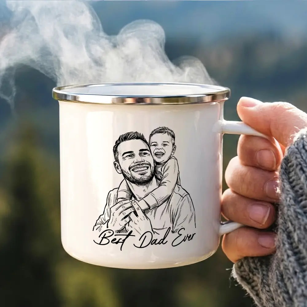 Custom Photo Bold Sketch Best Dad Grandpa Ever Family Portrait - Personalized Enamel Mug