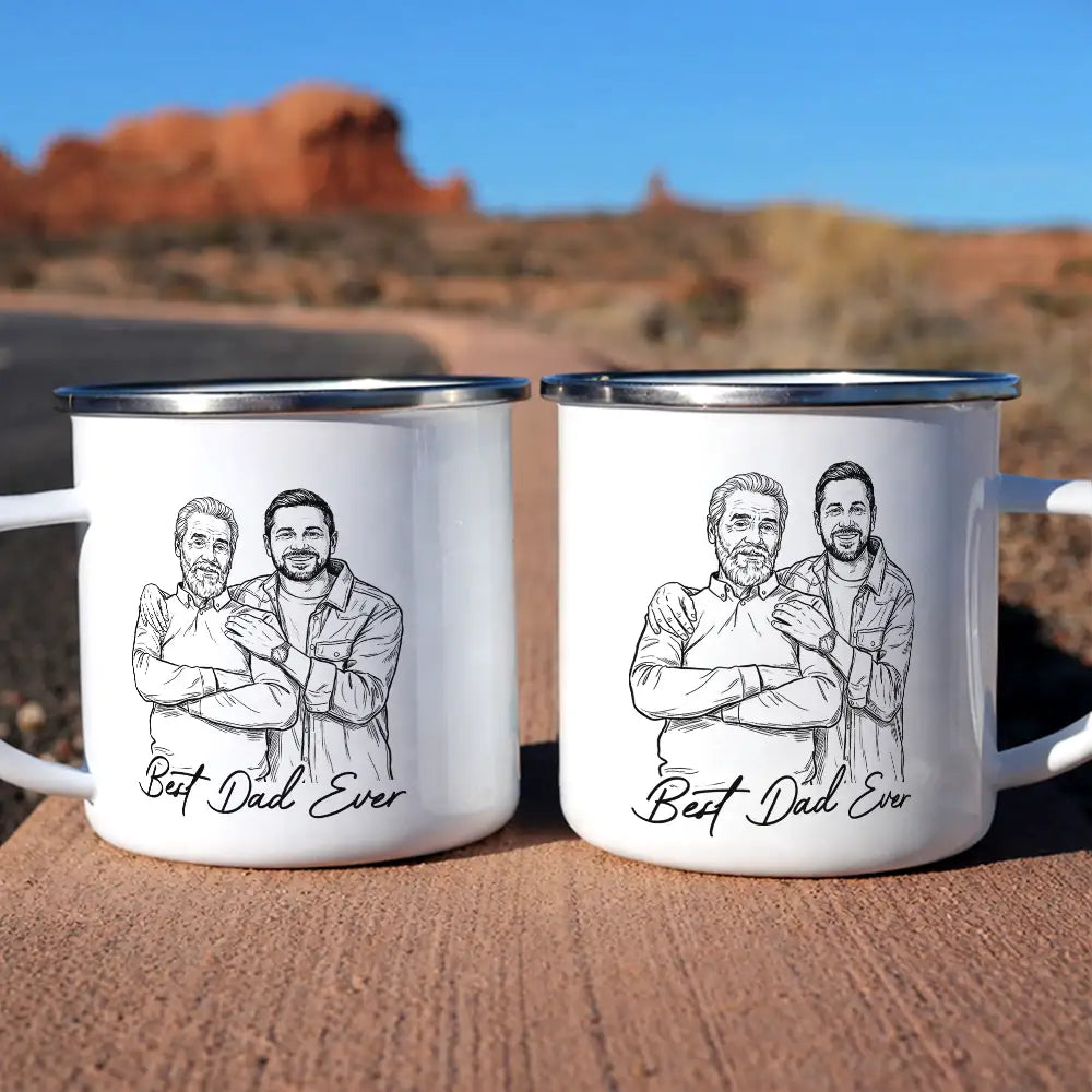 Custom Photo Bold Sketch Best Dad Grandpa Ever Family Portrait - Personalized Enamel Mug