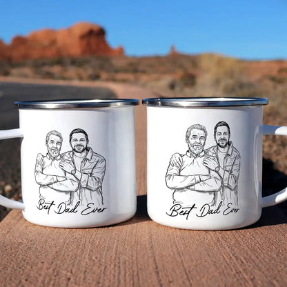 Custom Photo Bold Sketch Best Dad Grandpa Ever Family Portrait - Personalized Enamel Mug