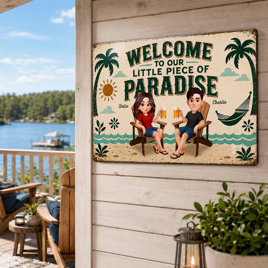 Couple Welcome To Our Little Piece Of Paradise - Personalized Metal Sign - Summer Pool Patio Decoration