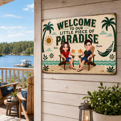 Couple Welcome To Our Little Piece Of Paradise - Personalized Metal Sign - Summer Pool Patio Decoration