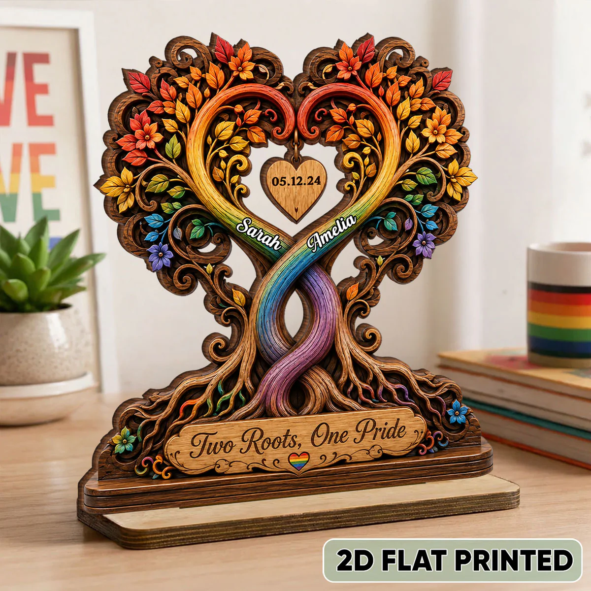 Two Roots One Pride LGBTQ+ Couple - Personalized Wooden Plaque - Heartfelt Anniversary Gift for Her, for Him