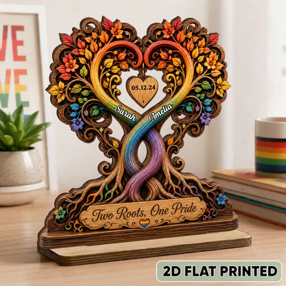 Two Roots One Pride LGBTQ+ Couple - Personalized Wooden Plaque - Heartfelt Anniversary Gift for Her, for Him