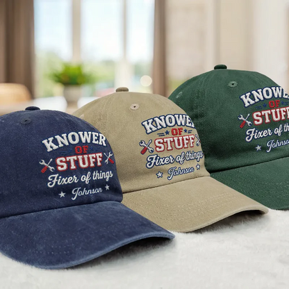 Knower Of Stuff Fixer Of Things Embroidery Effect - Personalized Vintage Washed Denim Cap