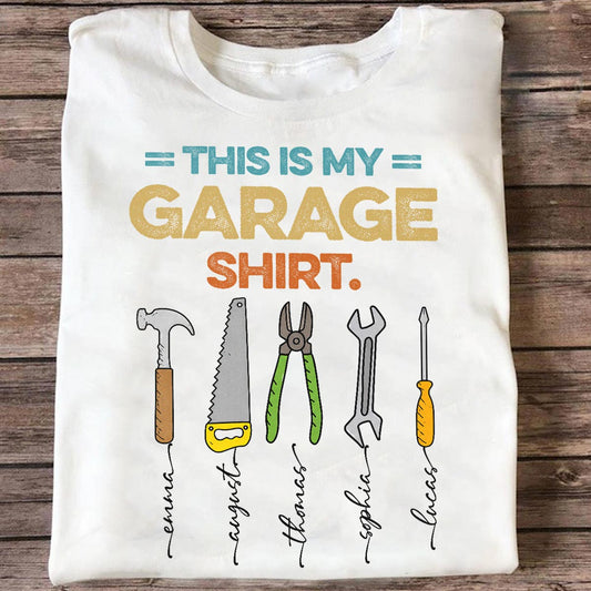 This Is My Garage Shirt Custom Kids Name - Personalized Shirt - Father's Day Gift For Mechanic Dad, Grandpa