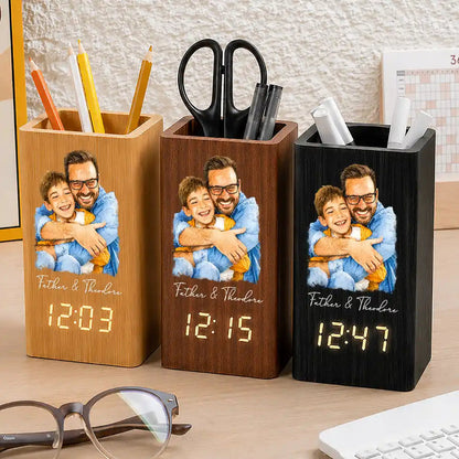 Custom Photo Realistic Watercolor Art I Love You Dad Grandpa Motivation Gift - Personalized Pen Holder With Clock