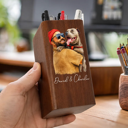 Custom Photo Realistic Watercolor Art I Love You Dad Grandpa Motivation Gift - Personalized Pen Holder With Clock