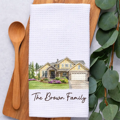 Custom Photo Colored Pencil Sketch Our First Home Family Parents - Personalized Kitchen Towel