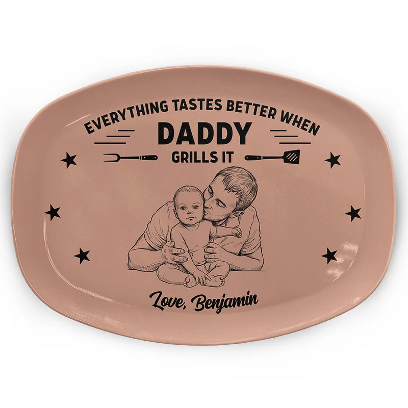Custom Photo Bold Sketch Everything Tastes Better When Grandpa Daddy Grills It - Personalized Plate