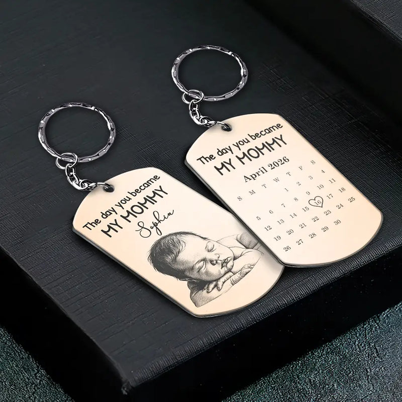 Custom Photo Pencil Sketch Calendar The Day You Became My Mom - Personalized Aluminum Keychain