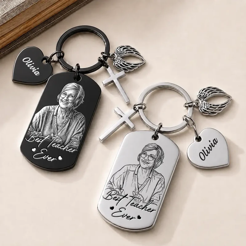 Custom Photo Bold Sketch Best Teacher Ever - Personalized Stainless Steel Keychain