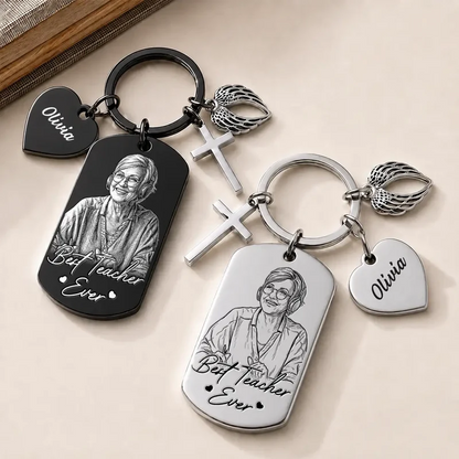 Custom Photo Bold Sketch Best Teacher Ever - Personalized Stainless Steel Keychain