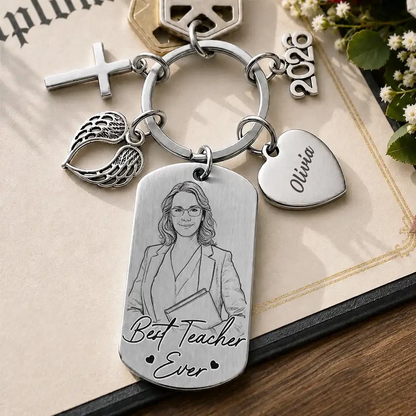 Custom Photo Bold Sketch Best Teacher Ever - Personalized Stainless Steel Keychain