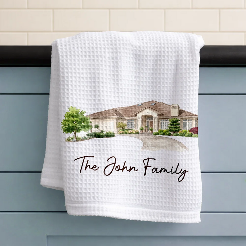 Custom Photo Colored Pencil Sketch Our First Home Family Parents - Personalized Kitchen Towel