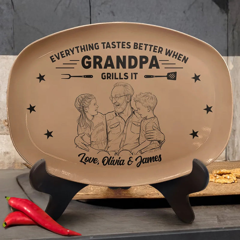 Custom Photo Bold Sketch Everything Tastes Better When Grandpa Daddy Grills It - Personalized Plate