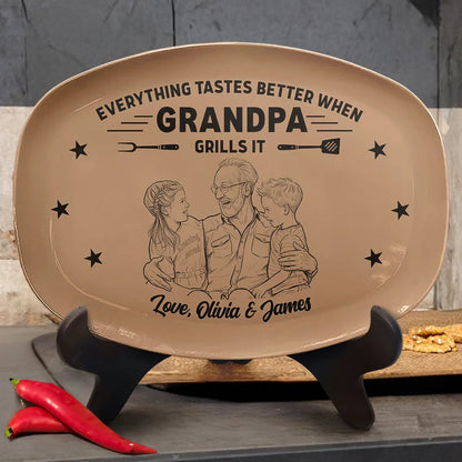 Custom Photo Bold Sketch Everything Tastes Better When Grandpa Daddy Grills It - Personalized Plate