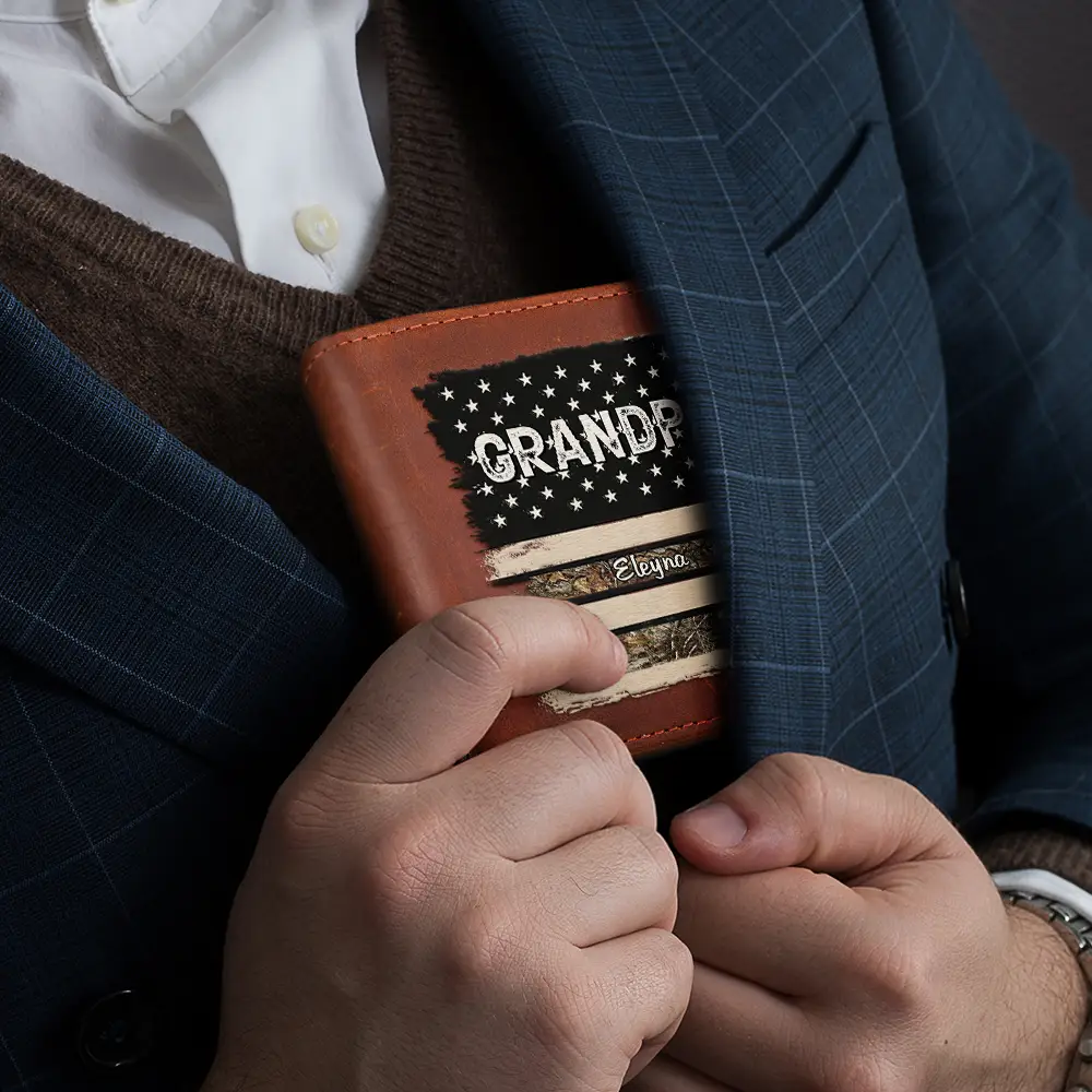 Stars & Stripes US Flag American Dad Grandpa - Personalized Leather Wallet