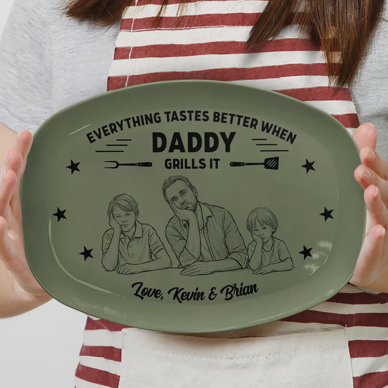Custom Photo Bold Sketch Everything Tastes Better When Grandpa Daddy Grills It - Personalized Plate