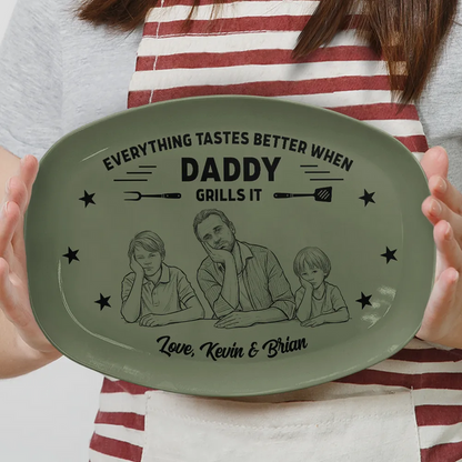 Custom Photo Bold Sketch Everything Tastes Better When Grandpa Daddy Grills It - Personalized Plate