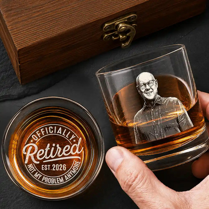 Custom Photo White Pencil Sketch Art Officially Retired Not My Problem Anymore - Personalized Whiskey Glass