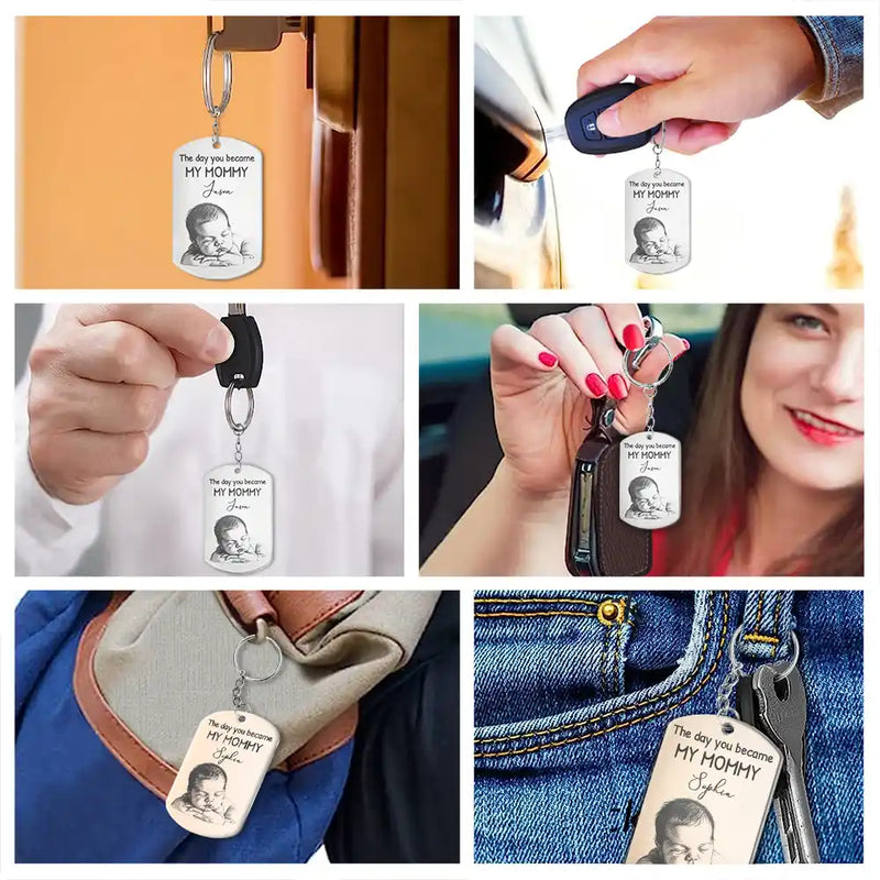Custom Photo Pencil Sketch Calendar The Day You Became My Mom - Personalized Aluminum Keychain